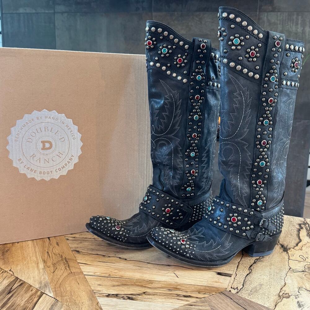 Double D Ranch Rough Rider Boots Black Leather Studded Tall Western 9 DD9029A